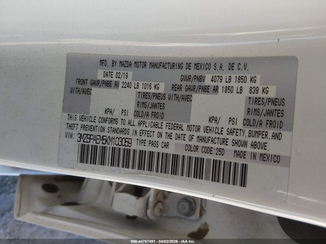 Aukcja sprzedaży 2019 Mazda Mazda3 Premium Package, vin: 3MZBPAEM5KM103059, numer aukcji: 44767491