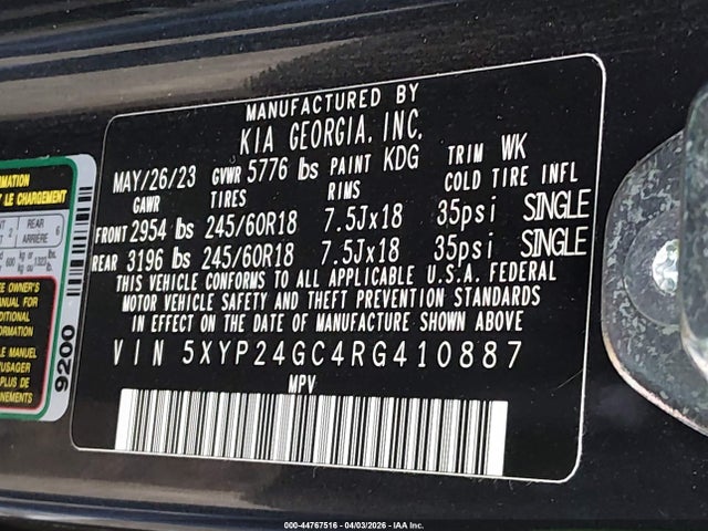 44767516 :رقم المزاد ، 5XYP24GC4RG410887 vin ، 2024 Kia Telluride Lx مزاد بيع