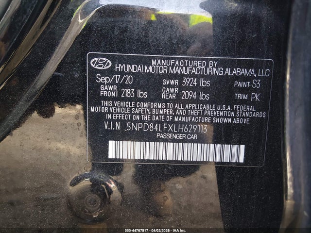 44767517 :رقم المزاد ، 5NPD84LFXLH629113 vin ، 2020 Hyundai Elantra Sel مزاد بيع