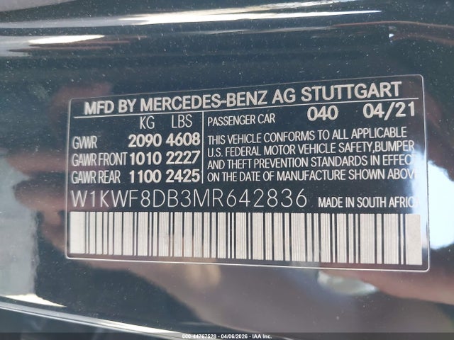 Продажа на аукционе авто 2021 Mercedes-benz C 300 Sedan, vin: W1KWF8DB3MR642836, номер лота: 44767528