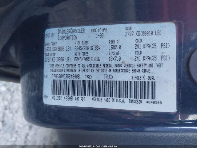 2003 Dodge Dakota Sport/sxt მანქანა იყიდება აუქციონზე, vin: 1D7HG38N53S249408, აუქციონის ნომერი: 44767529