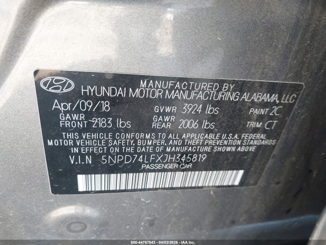 5NPD74LFXJH345819 Hyundai ELANTRA SE