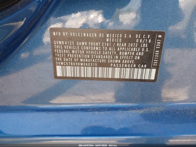 Aukcja sprzedaży 2019 Volkswagen Jetta 1.4t R-line/1.4t S/1.4t Se, vin: 3VWC57BU9KM060315, numer aukcji: 44767544