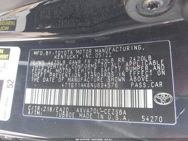 Продажа на аукционе авто 2022 Toyota Camry Se, vin: 4T1G11AK6NU694576, номер лота: 44767545