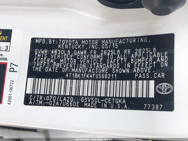 Toyota Camry Xle V6 2015 4T1BK1FK4FU566211 Image 9