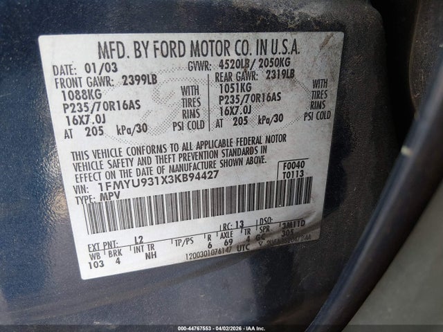 44767553 :رقم المزاد ، 1FMYU931X3KB94427 vin ، 2003 Ford Escape Xlt مزاد بيع