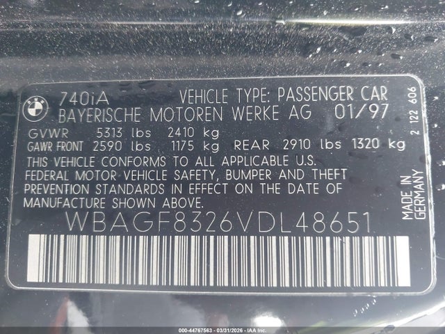 Aukcja sprzedaży 1997 Bmw 740ia, vin: WBAGF8326VDL48651, numer aukcji: 44767563