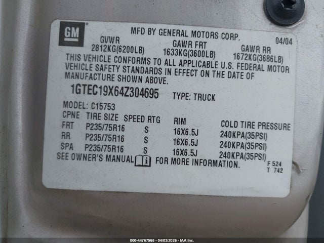 2004 Gmc Sierra 1500 მანქანა იყიდება აუქციონზე, vin: 1GTEC19X64Z304695, აუქციონის ნომერი: 44767565
