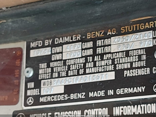 44767589 :رقم المزاد ، WDBBA45C1FA018671 vin ، 1985 Mercedes-benz 380 Sl مزاد بيع