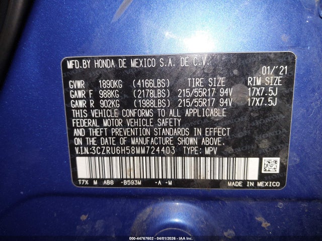 44767602 :رقم المزاد ، 3CZRU6H58MM724403 vin ، 2021 Honda Hr-v Awd Ex مزاد بيع