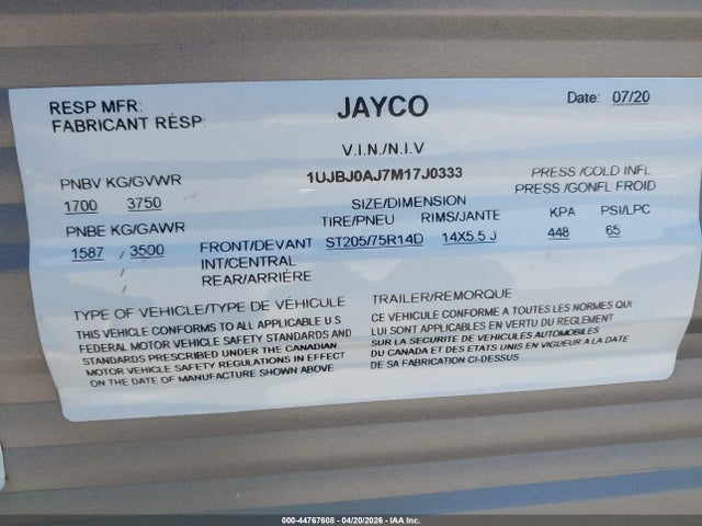 Продаж на аукціоні авто 2021 Jayco X19h, vin: 1UJBJ0AJ7M17J0333, номер лоту: 44767608