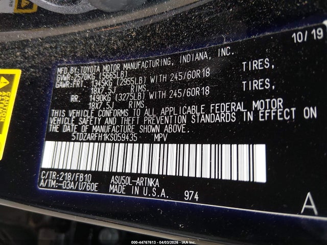 2019 TOYOTA HIGHLANDER 5TDZARFH1KS059435 Photo 8