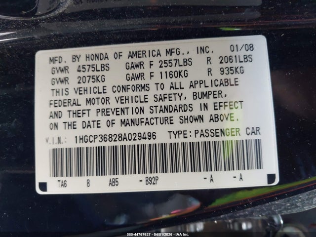 Auction sale of the 2008 Honda Accord 3.5 Ex-l, vin: 1HGCP36828A029496, lot number: 44767627