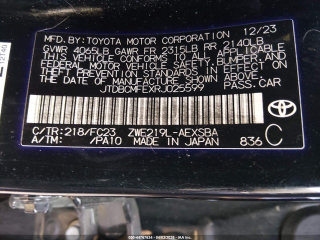 Aukcja sprzedaży 2024 Toyota Corolla Hybrid Se, vin: JTDBCMFEXRJ025599, numer aukcji: 44767634