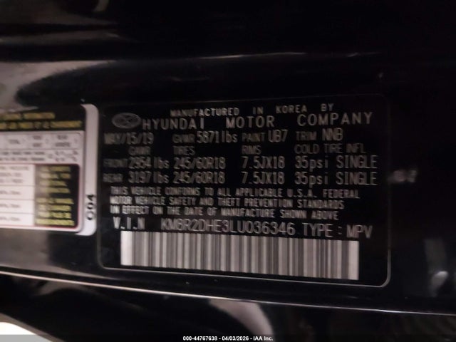 44767638 :رقم المزاد ، KM8R2DHE3LU036346 vin ، 2020 Hyundai Palisade Sel مزاد بيع