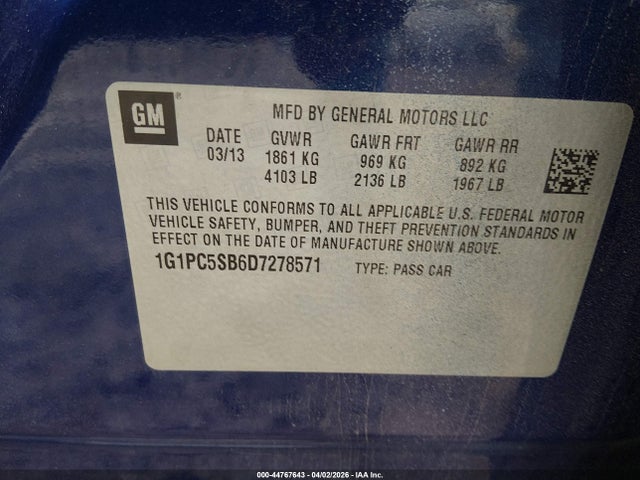 Aukcja sprzedaży 2013 Chevrolet Cruze 1lt Auto, vin: 1G1PC5SB6D7278571, numer aukcji: 44767643