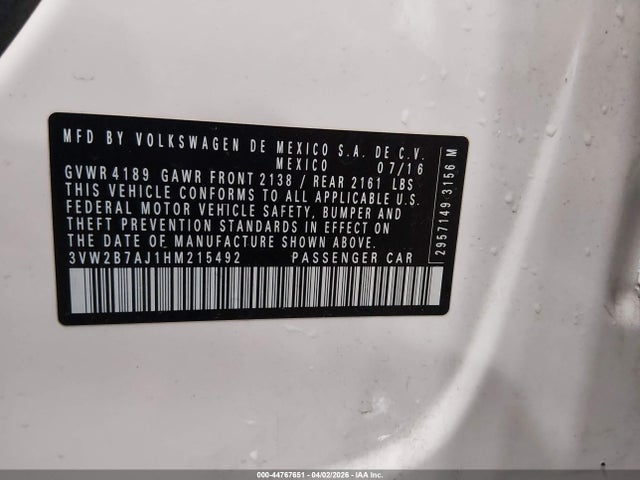 3VW2B7AJ1HM215492 Volkswagen Jetta 1.4t S