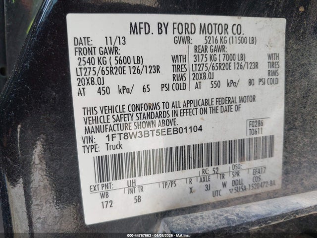 44767663 :رقم المزاد ، 1FT8W3BT5EEB01104 vin ، 2014 Ford F-350 Lariat مزاد بيع