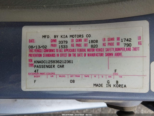 44767669 :رقم المزاد ، KNADC125836212361 vin ، 2003 Kia Rio مزاد بيع