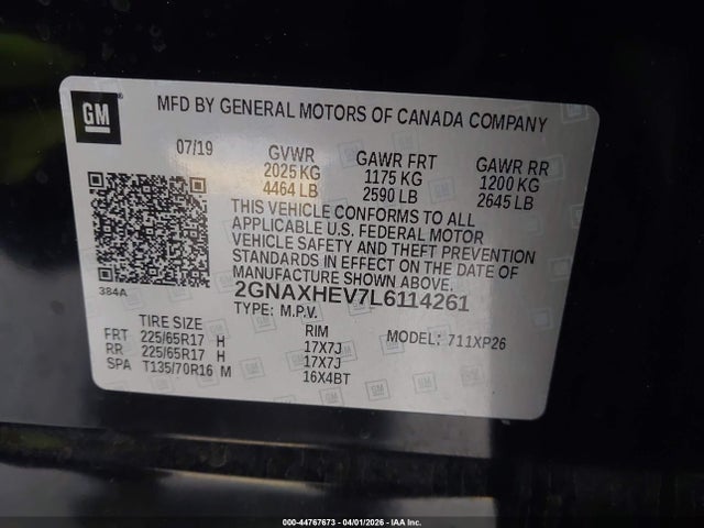 Aukcja sprzedaży 2020 Chevrolet Equinox Fwd Ls, vin: 2GNAXHEV7L6114261, numer aukcji: 44767673