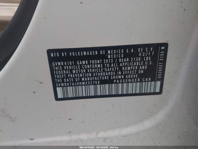 Aukcja sprzedaży 2017 Volkswagen Jetta 1.4t Se, vin: 3VWB67AJ0HM332758, numer aukcji: 44767683