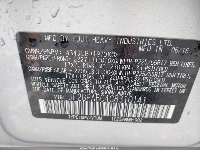 44767686 :رقم المزاد ، JF2GPABC4G8310141 vin ، 2016 Subaru Crosstrek 2.0i Premium مزاد بيع