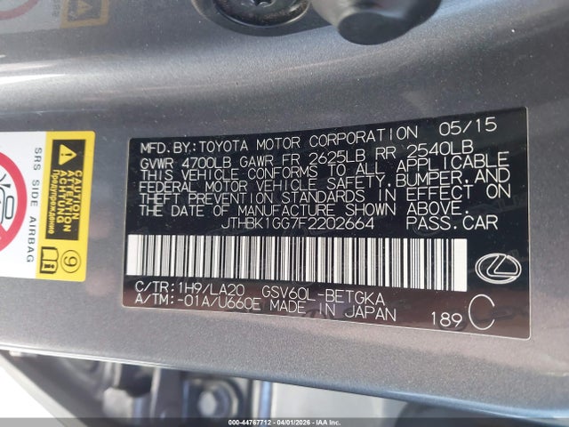 JTHBK1GG7F2202664 Lexus ES 350