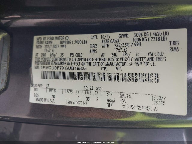 1FMCU0F7XGUB19825 Ford ESCAPE S