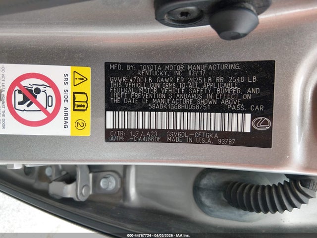 2017 Lexus Es 350 მანქანა იყიდება აუქციონზე, vin: 58ABK1GG8HU058751, აუქციონის ნომერი: 44767724