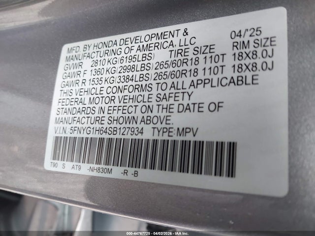 Auction sale of the 2025 Honda Pilot Trailsport, vin: 5FNYG1H64SB127934, lot number: 44767725