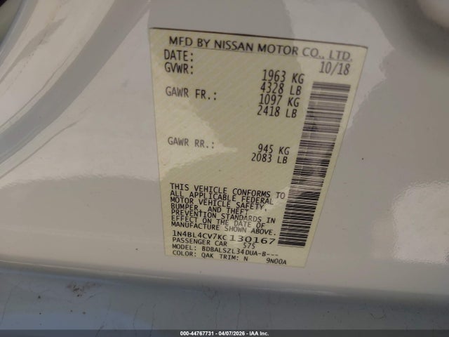 Aukcja sprzedaży 2019 Nissan Altima 2.5 Sr, vin: 1N4BL4CV7KC130167, numer aukcji: 44767731