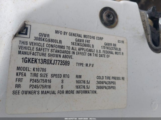 Aukcja sprzedaży 1999 Gmc Yukon Slt Cmi, vin: 1GKEK13R0XJ773589, numer aukcji: 44767738
