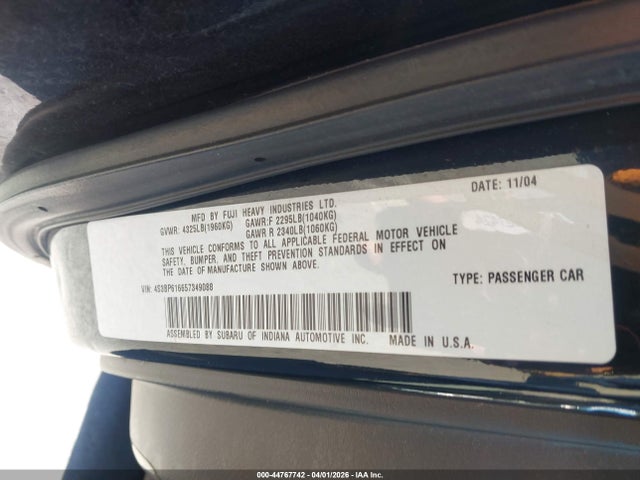 2005 Subaru Legacy 2.5i მანქანა იყიდება აუქციონზე, vin: 4S3BP616657349088, აუქციონის ნომერი: 44767742