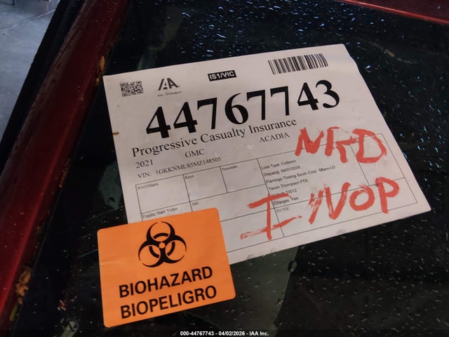 44767743 :رقم المزاد ، 1GKKNMLS5MZ148505 vin ، 2021 Gmc Acadia Fwd Slt مزاد بيع