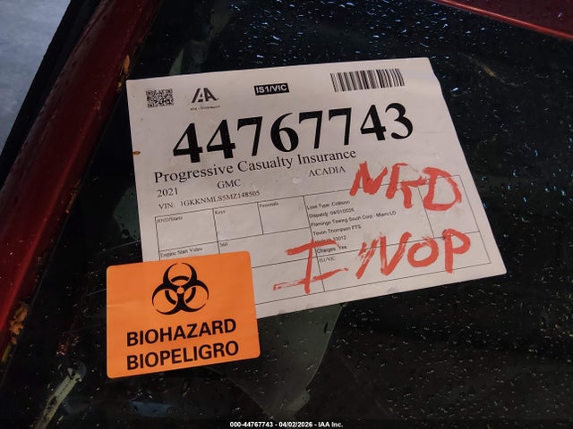 44767743 :رقم المزاد ، 1GKKNMLS5MZ148505 vin ، 2021 Gmc Acadia Fwd Slt مزاد بيع