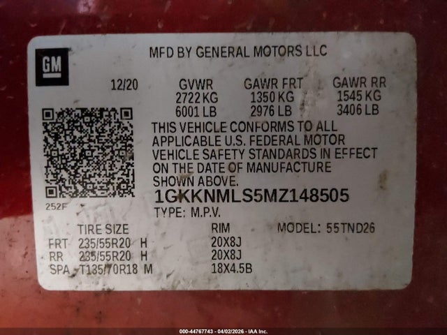 44767743 :رقم المزاد ، 1GKKNMLS5MZ148505 vin ، 2021 Gmc Acadia Fwd Slt مزاد بيع