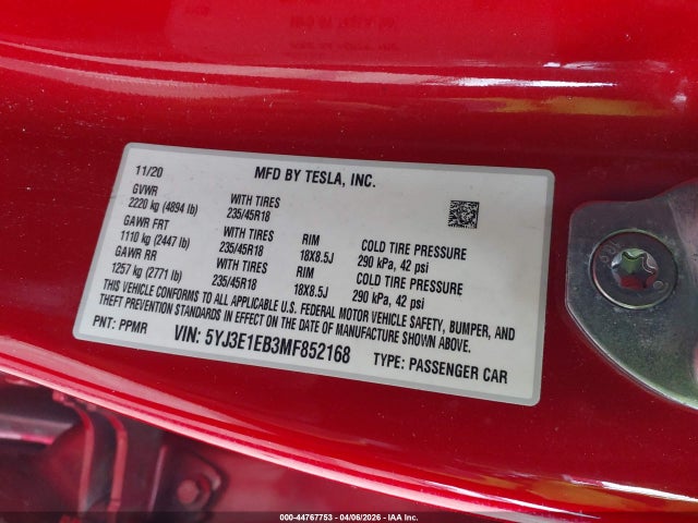 Aukcja sprzedaży 2021 Tesla Model 3 Long Range Dual Motor All-wheel Drive, vin: 5YJ3E1EB3MF852168, numer aukcji: 44767753