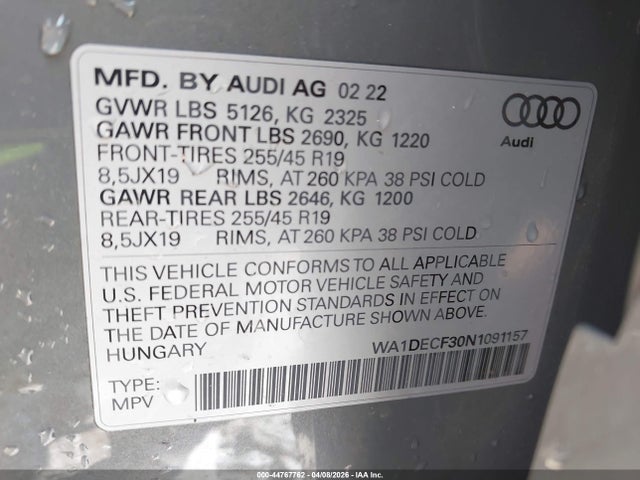 44767762 :رقم المزاد ، WA1DECF30N1091157 vin ، 2022 Audi Q3 Premium 45 Tfsi S Line Quattro Tiptronic مزاد بيع