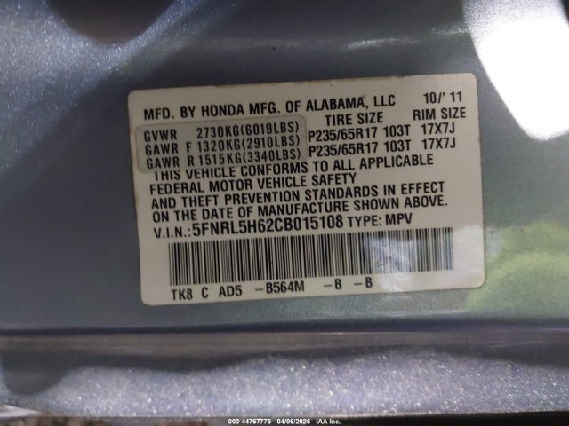 44767776 :رقم المزاد ، 5FNRL5H62CB015108 vin ، 2012 Honda Odyssey Ex-l مزاد بيع