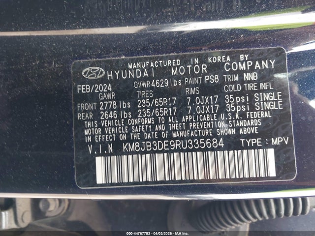 Продажа на аукционе авто 2024 Hyundai Tucson Sel, vin: KM8JB3DE9RU335684, номер лота: 44767783