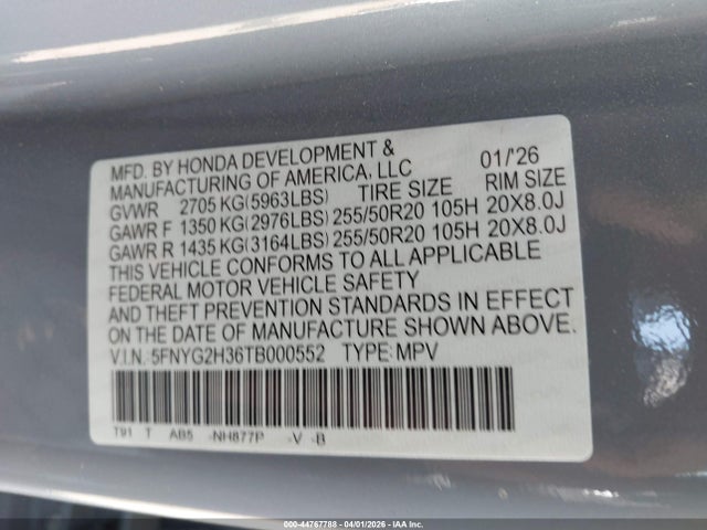 5FNYG2H36TB000552 Honda Pilot Sport
