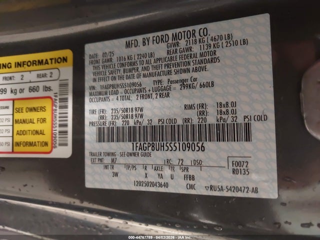 Продаж на аукціоні авто 2025 Ford Mustang Ecoboost Premium, vin: 1FAGP8UH5S5109056, номер лоту: 44767789