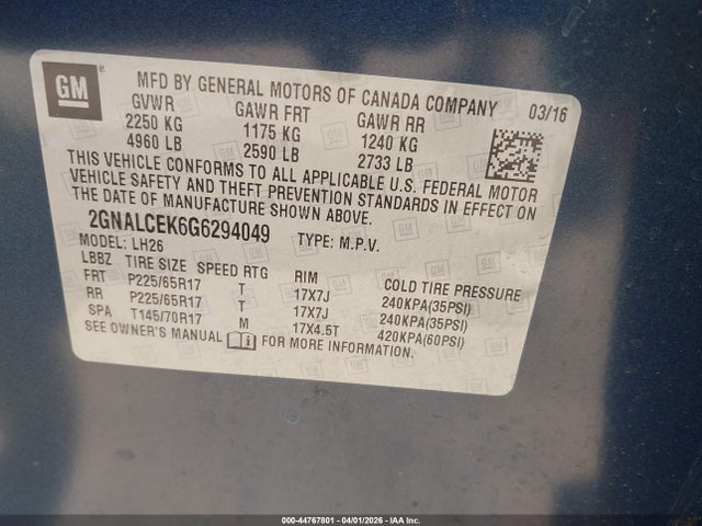 44767801 :رقم المزاد ، 2GNALCEK6G6294049 vin ، 2016 Chevrolet Equinox Lt مزاد بيع
