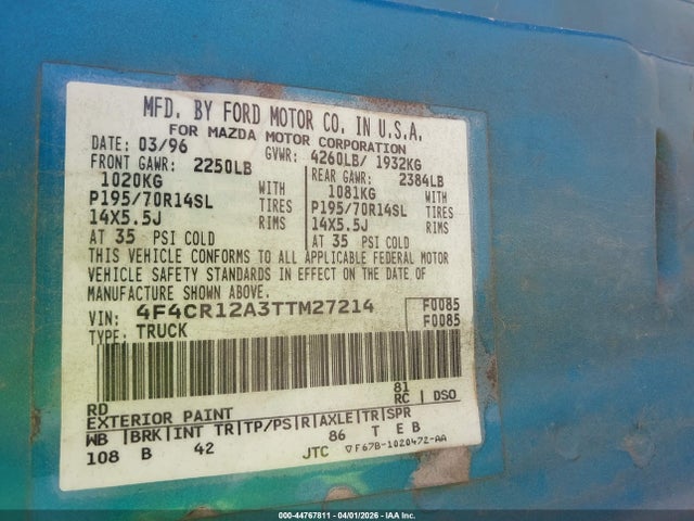 44767811 :رقم المزاد ، 4F4CR12A3TTM27214 vin ، 1996 Mazda B2300 مزاد بيع