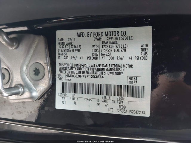 44767818 :رقم المزاد ، NM0GE9F79F1203574 vin ، 2015 Ford Transit Connect Xlt مزاد بيع