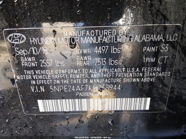 44767836 :رقم المزاد ، 5NPE24AF7KH738944 vin ، 2019 Hyundai Sonata Se مزاد بيع