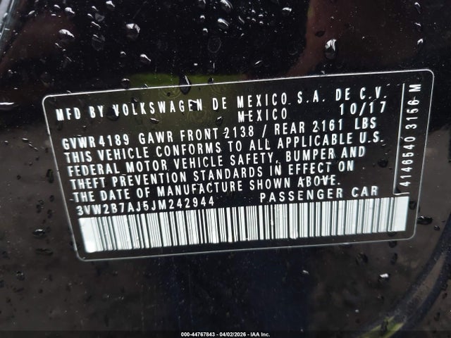 2018 Volkswagen Jetta 1.4t S მანქანა იყიდება აუქციონზე, vin: 3VW2B7AJ5JM242944, აუქციონის ნომერი: 44767843