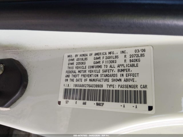 44767853 :رقم المزاد ، 19UUA66276A039909 vin ، 2006 Acura Tl مزاد بيع