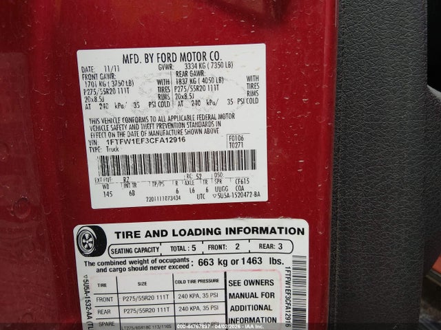 Продажа на аукционе авто 2012 Ford F-150 Fx4, vin: 1FTFW1EF3CFA12916, номер лота: 44767897