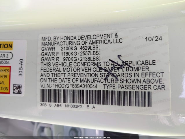 2025 Honda Accord Hybrid Ex-l მანქანა იყიდება აუქციონზე, vin: 1HGCY2F68SA010044, აუქციონის ნომერი: 44767898